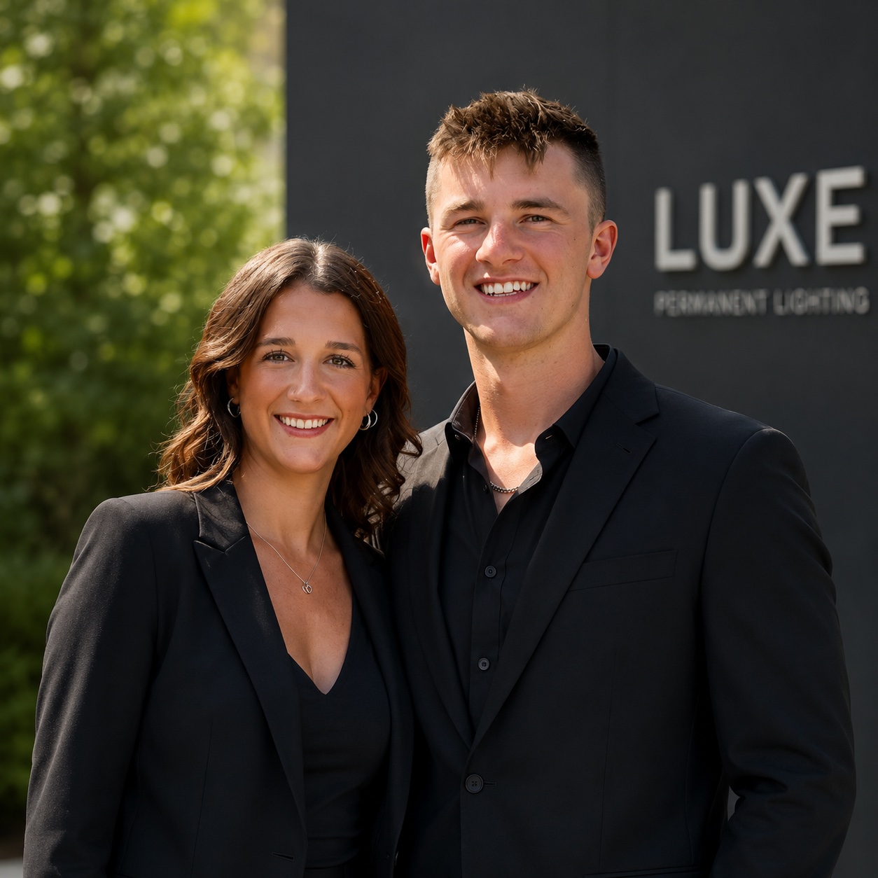 The Luxe Permanent Lighting team standing in front of a Luxe sign
